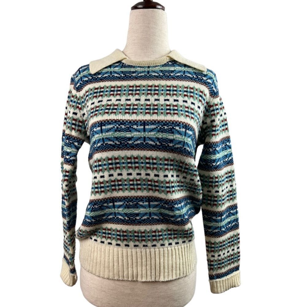Vintage 70s Ricki Collared Crewneck Argyle Stripe Sweater Medium